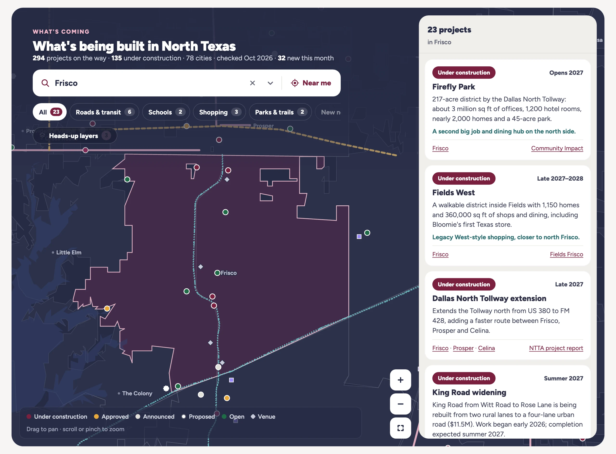 What's coming map filtered to Frisco: city outline with project pins and a list of 23 projects